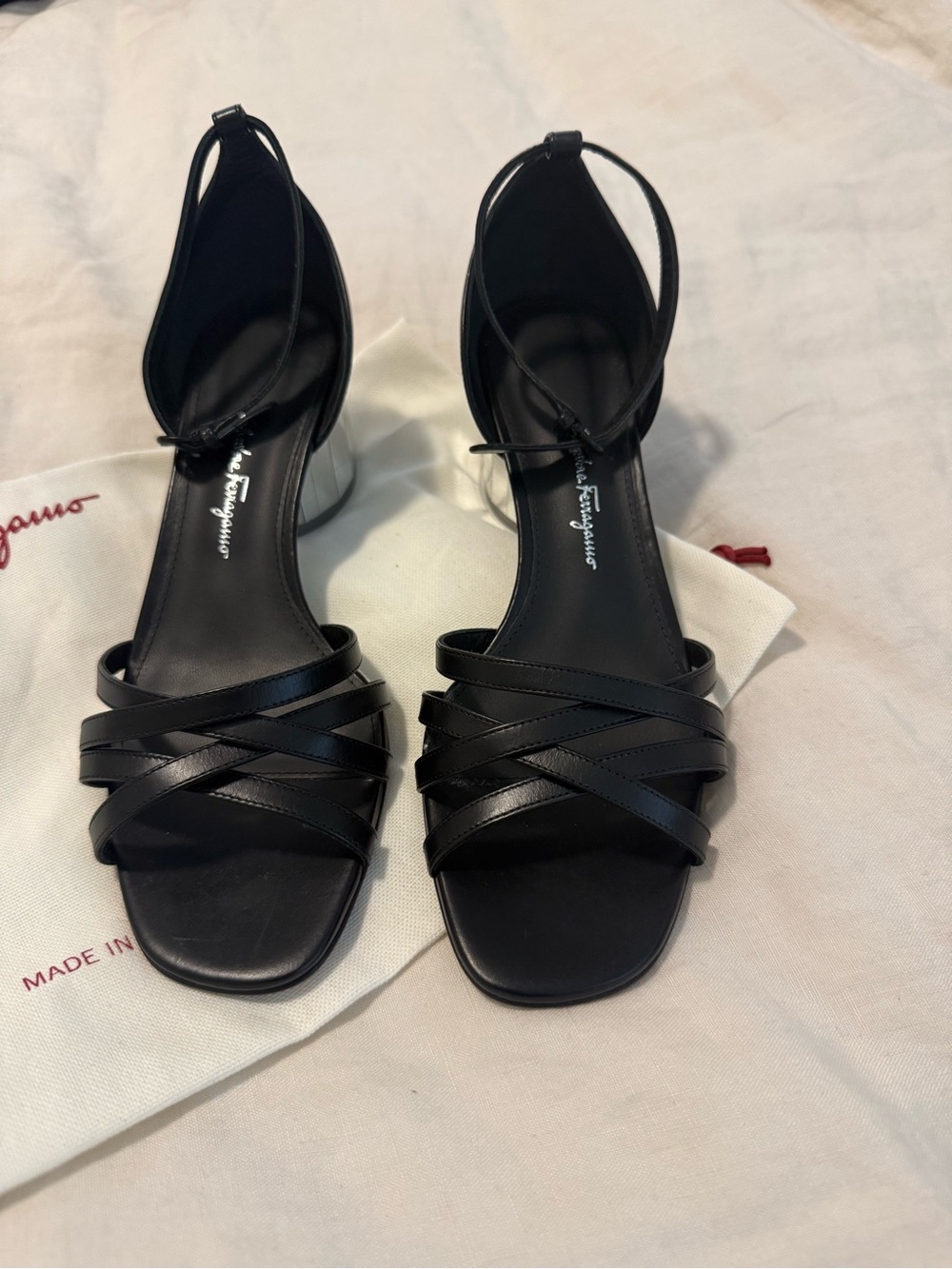 Salvatore Ferragamo Black Leather Strappy Mirror Block Heel Sandals